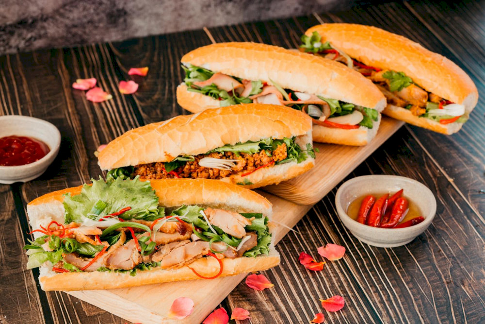Flavorful banh mi with a blend of succulent meats and tangy sauces 
